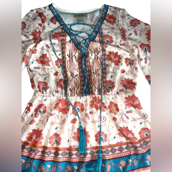 NEW FLYING TOMATO Boho Multicolor Prairie Dress Tie Neck Women’s Size Medium - Picture 3 of 11